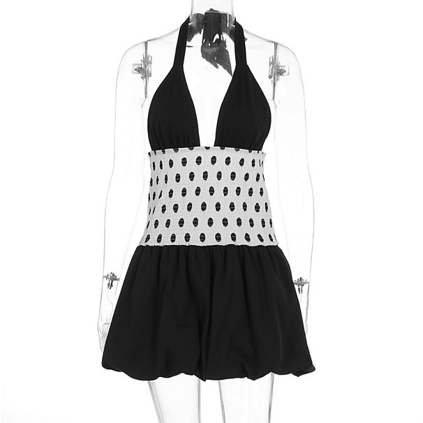 Fashion Sexy Polka Dot Lace Up Deep V Neck Backless Slim Fit Waist Tied Party Casual Evening Bodycon Dress For Women_ecoleips.com