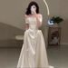 French Satin Off-Shoulder Light Wedding Bride 2026 New High-End Feel Reception Outing Gown Simple Engagement Dress_ecoleips.com