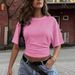 2026 Summer Gathered Solid Color Crew Neck Slim Waist Women's Short Sleeve T Shirt_ecoleips.com