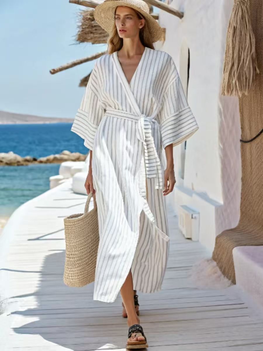 Women's 3D Striped Beach Cover-Up Dress Lightweight Summer Vacation Long Robe Loose Fit Boho Chic Swimwear with Belt_ecoleips.com