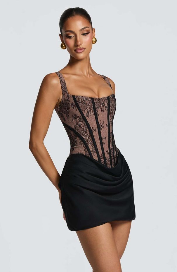 New Lace Trimmed Wrap Dress – Floral Strappy Bodycon Mini Dress (Black/Burgundy, S-XL)_ecoleips.com