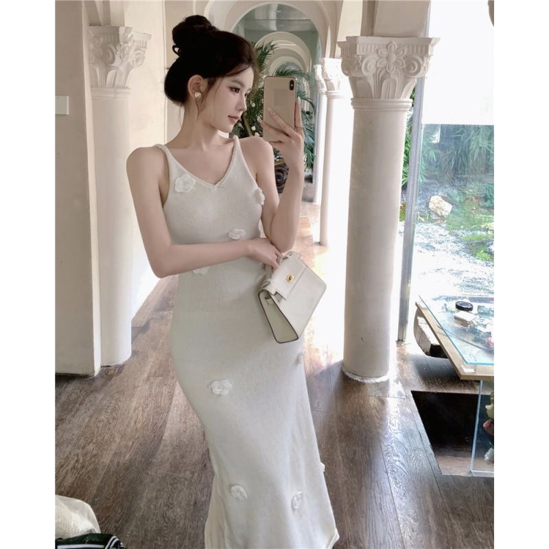Women's Clothing Knitted Long Skirt Slim Fit Fairy Suspender Skirt Summer Three Dimensional Flower Dress_ecoleips.com