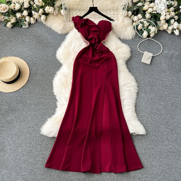Women's Clothing Elegant Dress Tube Top Ruffled Stitching Exposed Waist Slim Fitting Long Dress_ecoleips.com