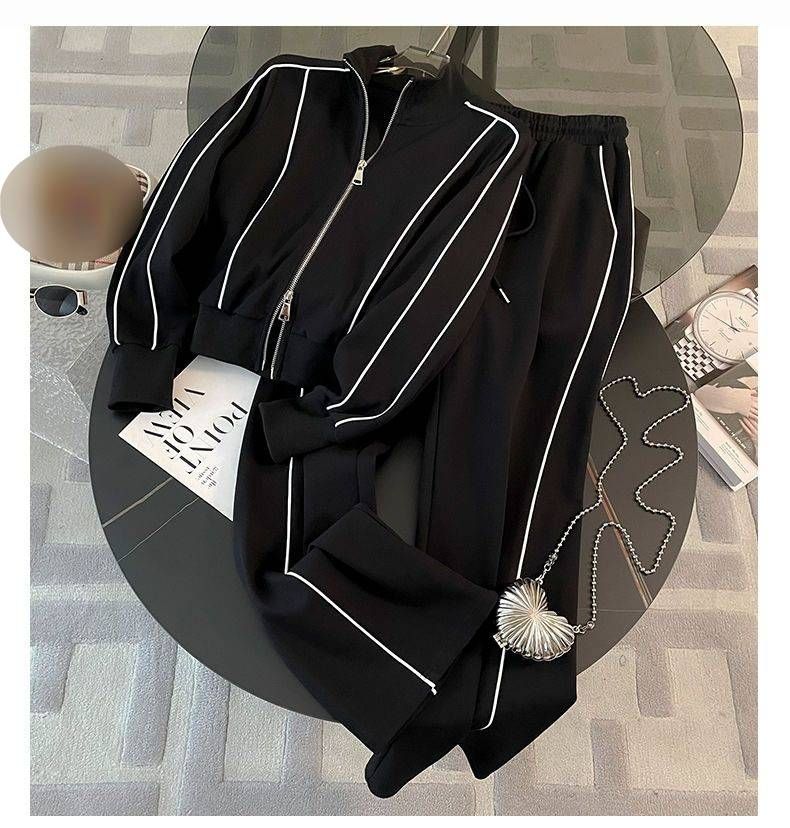 Women's Sports Suit Fashion Casual Age-Reducing Stylish Zipper Sweatshirt Wide-Leg Pants Two-Piece Set_ecoleips.com