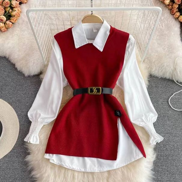 Long Sleeved Suit White Shirt Sweater Vest Age Reducing Loose Knitted Vest Shirt Two Piece Suit For Women_ecoleips.com