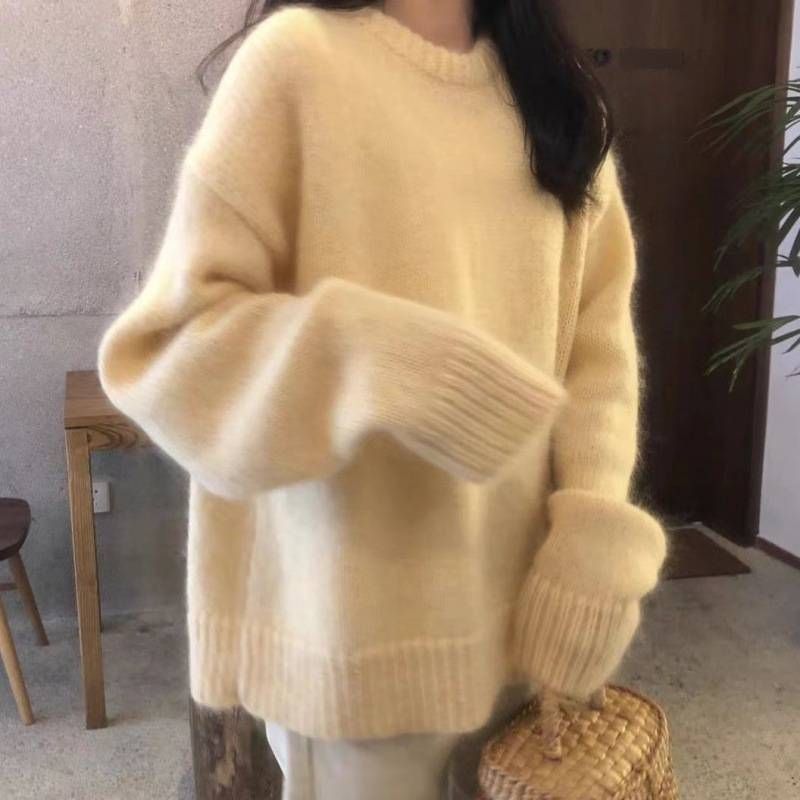 Women's Oversized Lazy Style Round Neck Pullover Sweater - Soft Cream Yellow, Fluffy & Cozy, Perfect FAutumn & Winter, Versatile & Chic_ecoleips.com