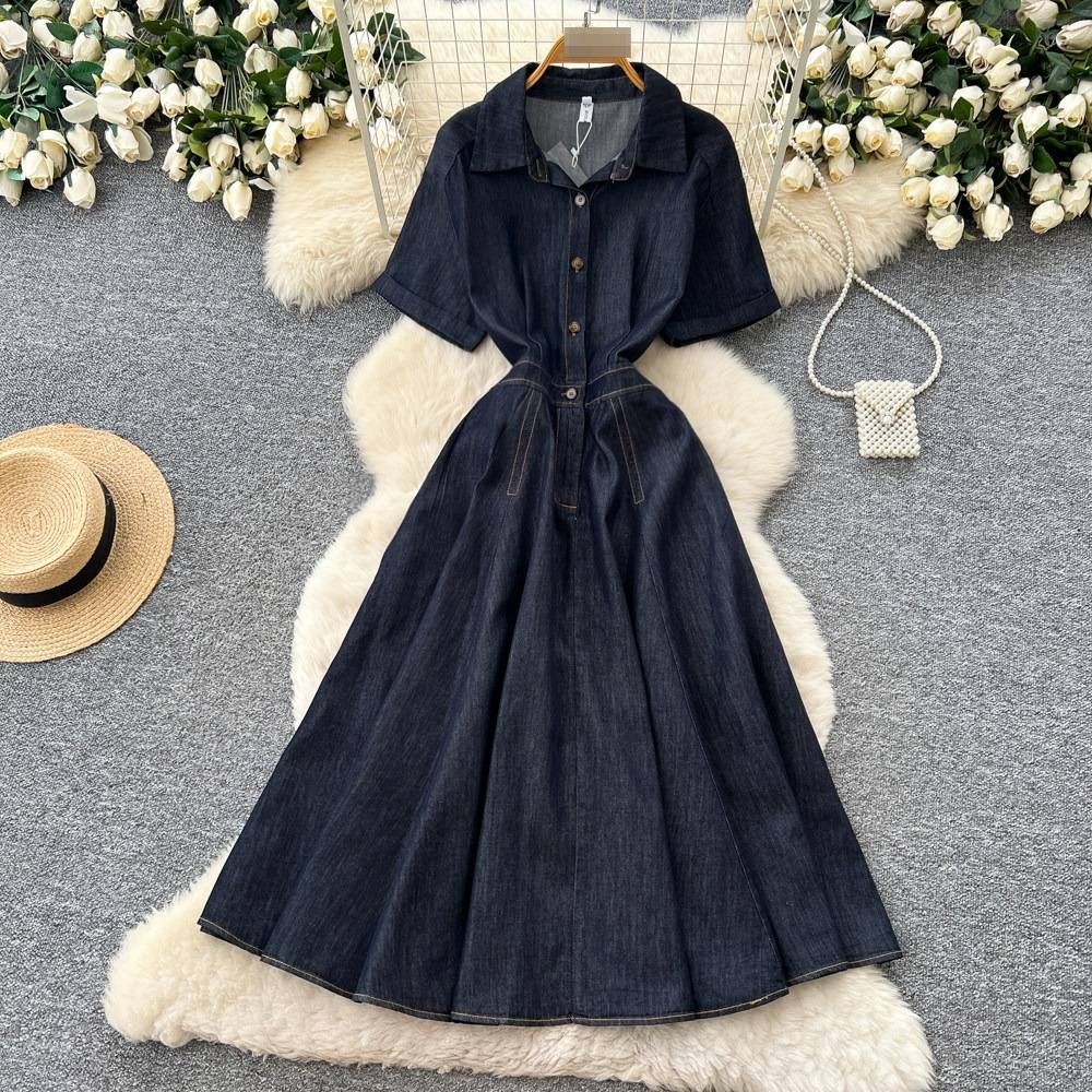 Retro Denim Style Collared Short Sleeved A-Line Dress Women's Slimming Elegant Korean Style for Early Spring Commuting_ecoleips.com