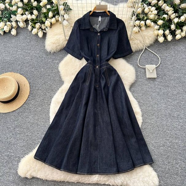 Retro Denim Style Collared Short Sleeved A-Line Dress Women's Slimming Elegant Korean Style for Early Spring Commuting_ecoleips.com