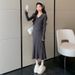 Autumn New Korean Fashion Lace V-Neck Gray Two-Piece Maternity Dress_ecoleips.com