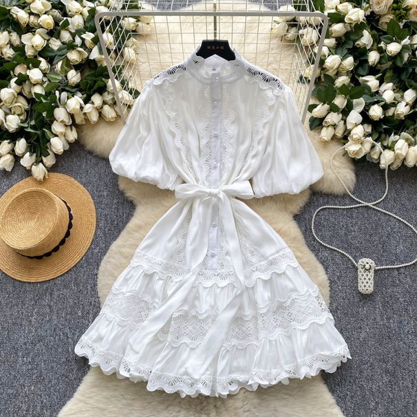 French Retro Lace Splicing Tie Waist Dress For Women Lantern Sleeve Slim Temperament A-Line Skirt Fashionable Palace Style_ecoleips.com