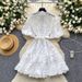 French Retro Lace Splicing Tie Waist Dress For Women Lantern Sleeve Slim Temperament A-Line Skirt Fashionable Palace Style_ecoleips.com