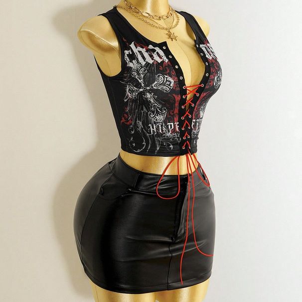 Sexy Strappy Cropped Top Korean Print Flair Women's Clothing Tops_ecoleips.com