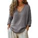 Women's Casual Loose Long Sleeve V Neck Top Spring Summer New Fashion Cotton Linen Blend Clothing for Europe And America_ecoleips.com