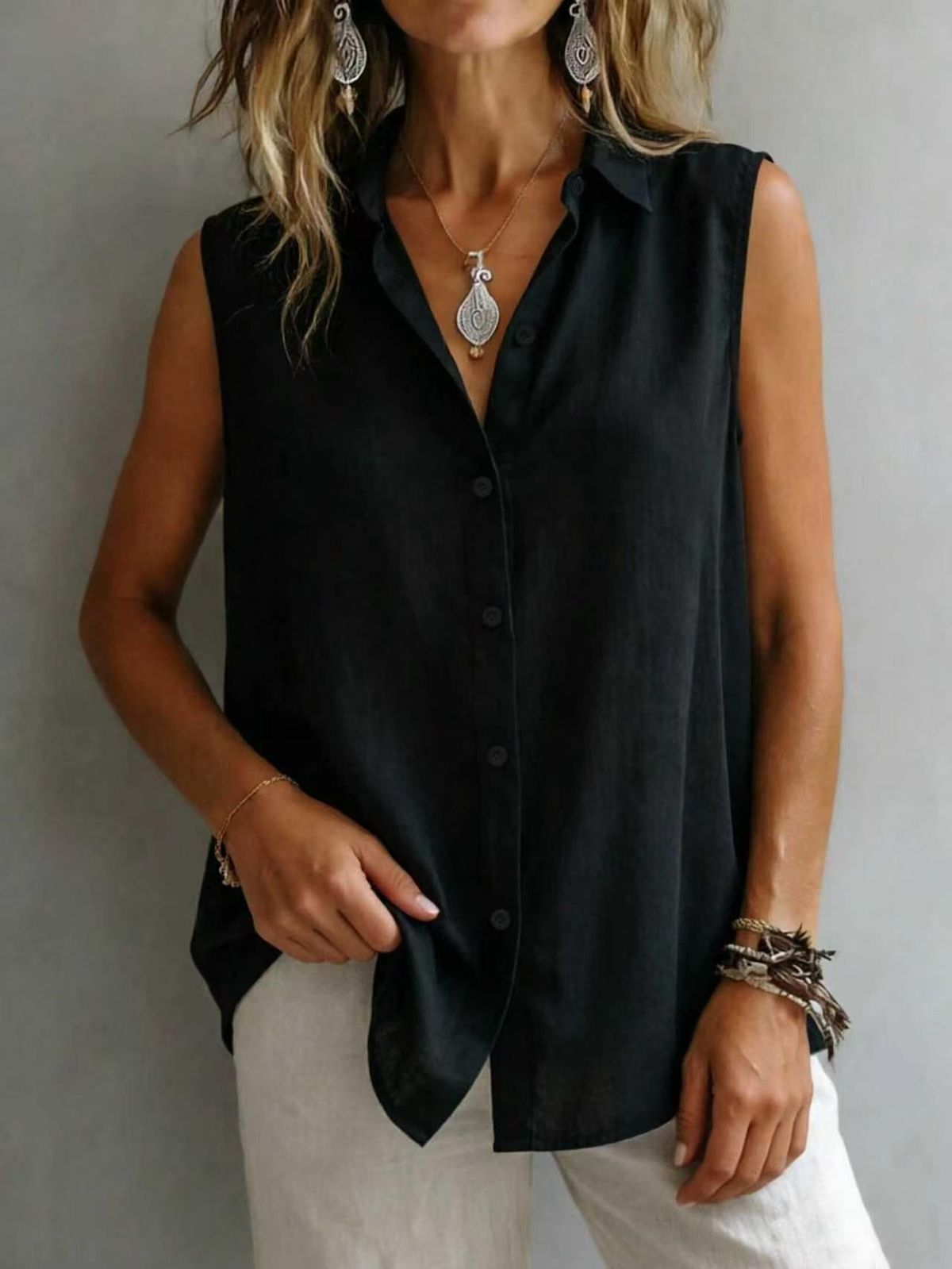 Classic Sleeveless Poplin Shirt For Women - Solid Color Collared Top, Breathable Polyester, Casual & Office Wear, Versatile Layering Piece_ecoleips.com