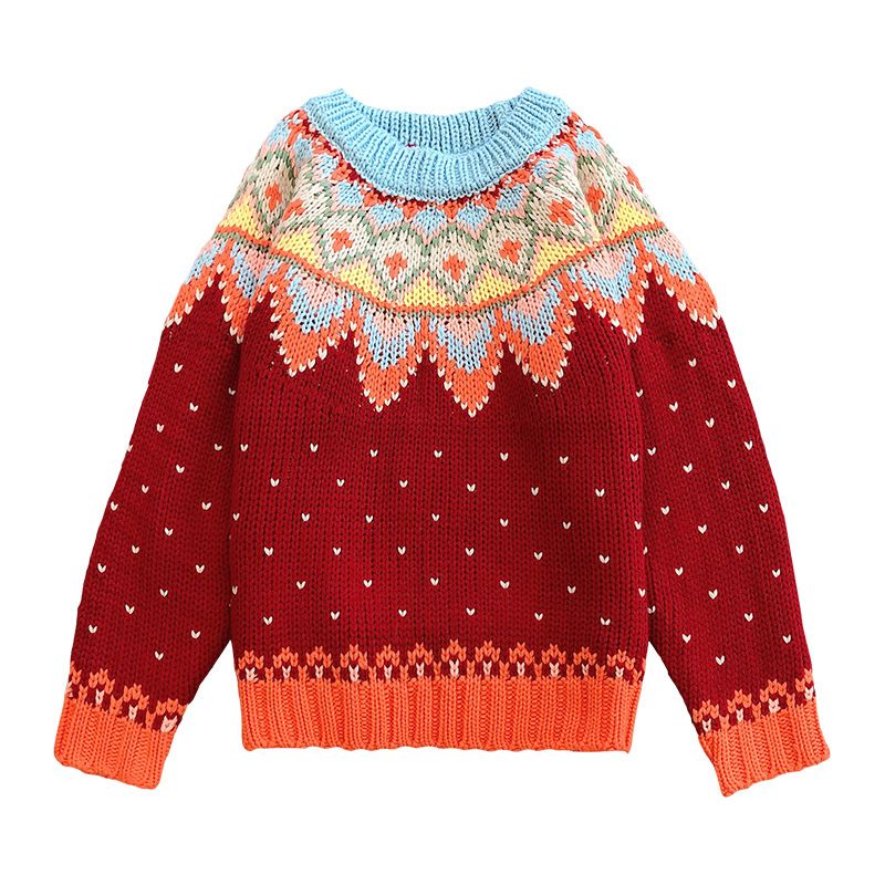 girl Christmas Classic Red Sweater Fair Isle Ferris Wheel Handmade Knitted Vintage Forest Style Women's Pullover_ecoleips.com