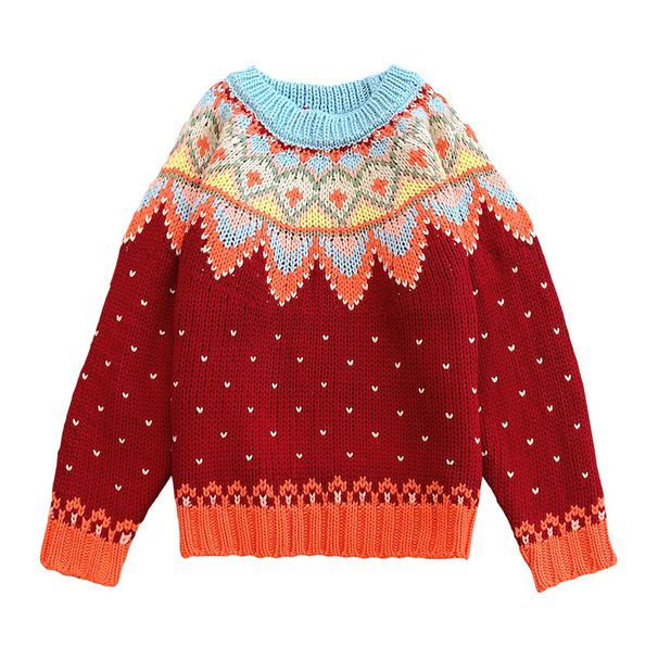 girl Christmas Classic Red Sweater Fair Isle Ferris Wheel Handmade Knitted Vintage Forest Style Women's Pullover_ecoleips.com