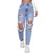 Women's Clothing Trendy Washed Ripped High Waist Straight Trousers_ecoleips.com