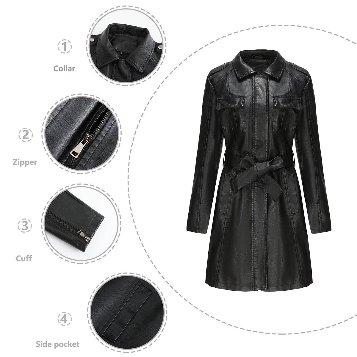 New mid-length leather coat with belt long-sleeved leather trench coat fashionable coat woman_ecoleips.com
