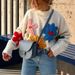 Embroidered Crochet Sweater – Boho Chic Loose Knit, Floral Detailing (Black/White, One Size)_ecoleips.com