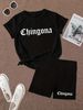 Summer Women's Casual And Fashionable Chingona Print Loose T-shirt+shorts Two-piece Sportswear Suitable For Daily Wear-73_ecoleips.com