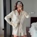Pink Satin Lace Trim Long Sleeve Shorts Pajama Set 2026 European And American Autumn Winter New Home Wear For Women_ecoleips.com