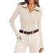 Women's Long Sleeved Casual Top European American Style V Neck Ribbed Knit Sweater Slim Fit Autumn Winter Top with Collar_ecoleips.com