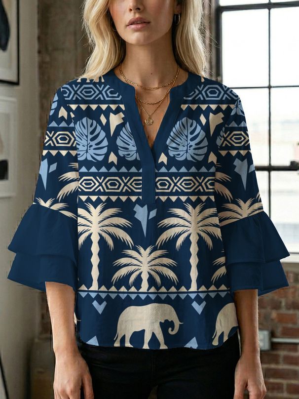 European And American Style Digital Print Puff Shirt For Women, Plus Size V-neck Layered Sleeve Spring-summer New_ecoleips.com
