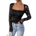European And American Cross-border 2026 New Women's Lace Floral Square-neck Ruched Design Long-sleeve T-shirt Top_ecoleips.com