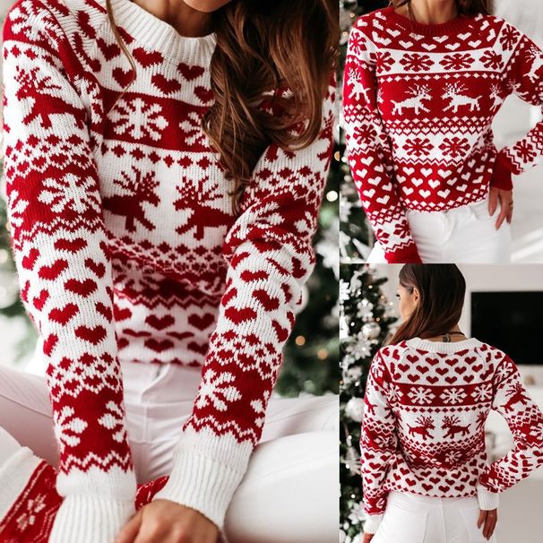 girl 2025 Autumn Winter New European American Women's Christmas Style Elk Long Sleeve Knitted Sweater White_ecoleips.com