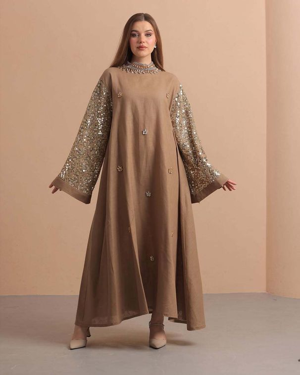 2025 New Muslim Robe Evening Party Long With Patchwork Sleeves Abaya Dress_ecoleips.com