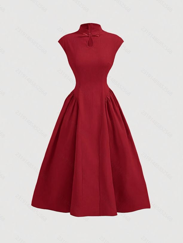Elegant Red Midi Dress For Women, Modern Cheongsam Inspired A-Line Dress, High Waist Sleeveless Cocktail Party Dress, Valentine's Day Date Night Dress_ecoleips.com