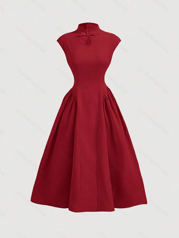 Elegant Red Midi Dress For Women, Modern Cheongsam Inspired A-Line Dress, High Waist Sleeveless Cocktail Party Dress, Valentine's Day Date Night Dress_ecoleips.com