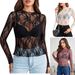 Women's Clothing Tops Long Sleeve Stand Up Collar Transparent Shirt See Through Floral Lace Tops Have Real Shot_ecoleips.com