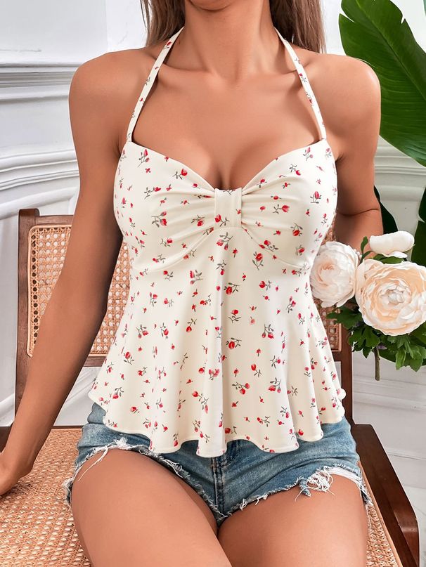 Voya Women's French Style Sexy Halter Top Dress With Floral Mini And Lotus Leaf Skirt_ecoleips.com