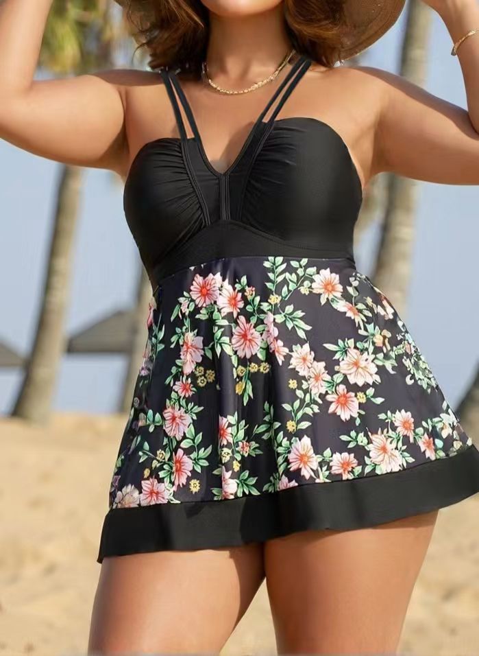 Fat Girl Fashionable One-piece Swimsuit Shorts Linked Top Simple Beachwear Summer Vacation Slimming Swimsuit_ecoleips.com