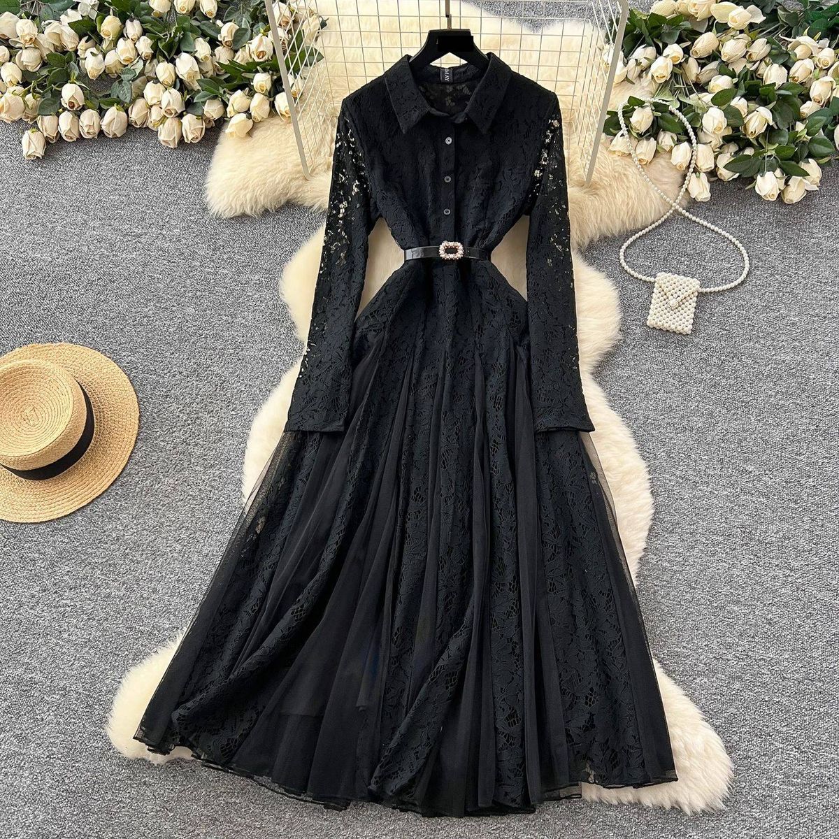 Elegant Lace & Mesh Long Dress – High-Quality Embroidered A-Line Dress For Women_ecoleips.com