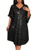 Glamorous Plus Size Party Dress – Sparkly Mesh & Pearl Embellished Elegant Midi Dress For Women (Stretchy Polyester Blend)_ecoleips.com
