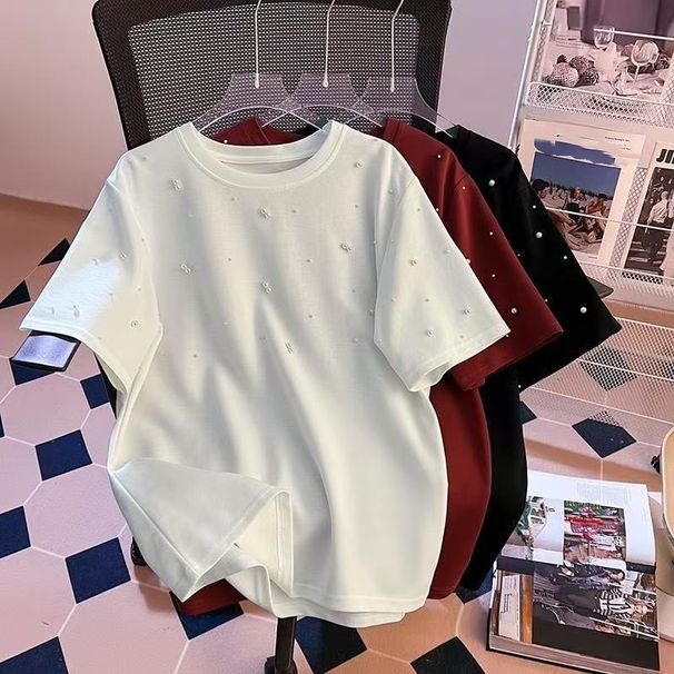Beaded T-Shirt For Women Short Sleeved Unique Fit Trendy Design Summer Fashionable Top Heavy Duty_ecoleips.com
