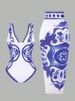 Women's Elegant Beachwear Set Blue And White Porcelain Print One Piece Swimsuit with Wrap Skirt_ecoleips.com