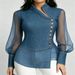 2027 Fashion European-USA Style Elegant Women Asymmetric Collar Cowboy Organza Splicing Side Buckle Long Sleeve Slim Shirts_ecoleips.com