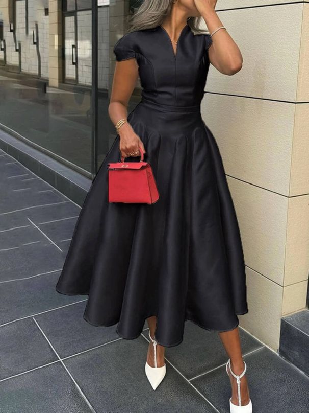 Freeacy Women's Elegant Dress V-neck Cap Sleeves Slim Fit A-line Party Dresses Solid Color High Waist Pleated Midi Dress_ecoleips.com