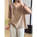 Summer Embroidered Design V-Neck Short-Sleeved T-Shirt Blouse For Women, Artistic And Retro Casual Mid-Sleeved Cotton An_ecoleips.com