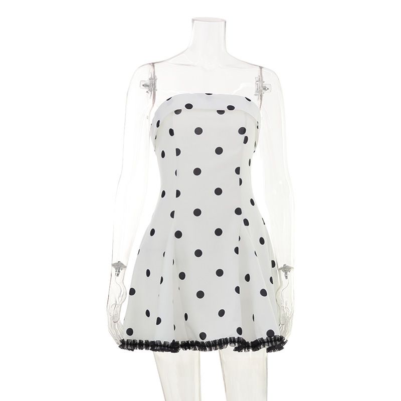 Fashion Women's Strapless High Waisted Slimming Polka Dot Print Dress A-Line Mini Skirt French Heiress Style Hot Selling R Clothing_ecoleips.com