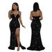 sexy suspender V-neck sequin high slit evening dress fashionable slim dress_ecoleips.com