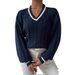 Women's Clothing Autumn And Winter Temperament Contrast Color Cable Sweater Loose V Neck Fashionable Tops For Women_ecoleips.com
