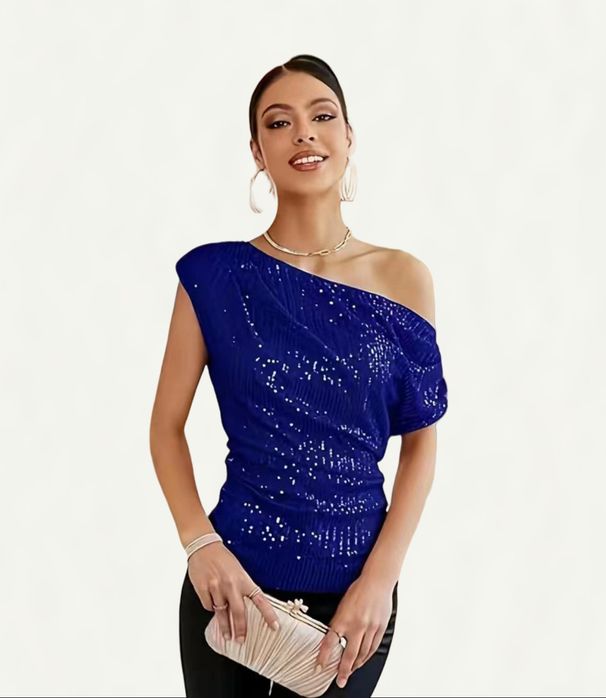 Women's Clothing Sequined Glitter Beads Oblique Collar Short Sleeved Summer Women's T Shirt_ecoleips.com