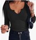 Spring And Winter New Solid Color Pit Stripe Deep U-neck Long Sleeved Sexy Casual Fashion Women's T-shirt Top_ecoleips.com
