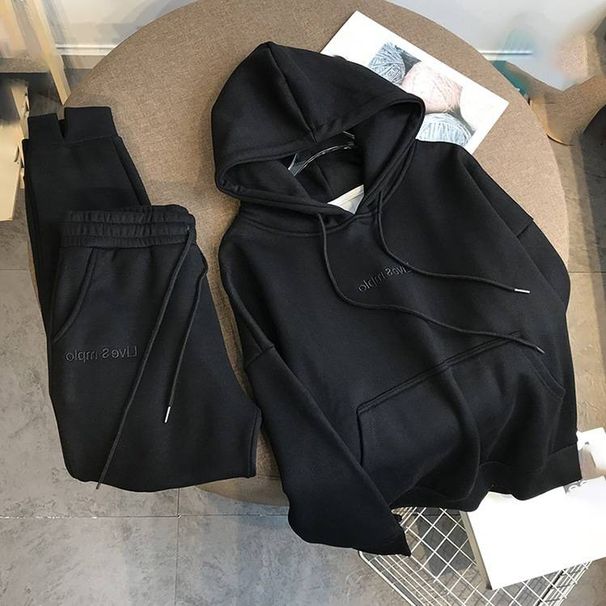 Women's Velvet Hooded Sweatshirt & Pants Set - Winter Two-Piece Outfit (Thickened Warm, Letter Print, Casual Sporty Style, Western Fashion)_ecoleips.com
