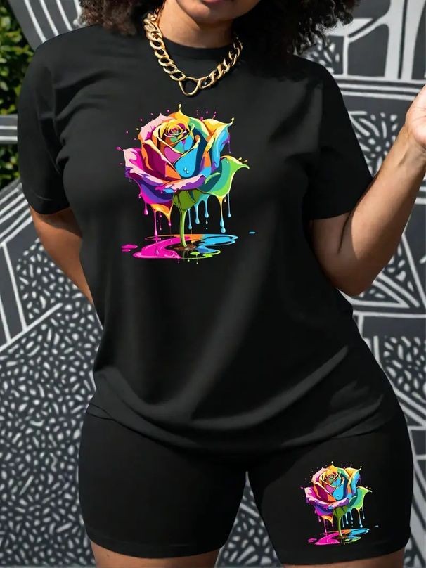 Summer Women's Casual And Fashionable Cartoon Graphic Print Loose T-shirt+shorts Two-piece Sportswear Suitable For Daily Wear-64_ecoleips.com