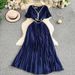Elegant V Neck Rhinestone Embellished Dress With Short Sleeves Waist Cinching Slimming Pleated Long Skirt For Sophisticated Women_ecoleips.com